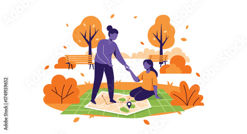Two people enjoying a picnic in a park during autumn season with colorful trees and falling leaves