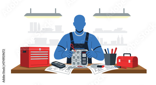 Skilled Technician Works on Electrical Panel with Tools and Equipment