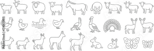 Collection of simple farm animal line drawings scalable vector illustrations eps format silhouette