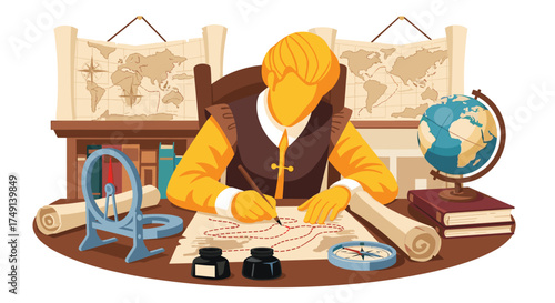 Explorer charting new territories drawing detailed maps for future voyages of discovery