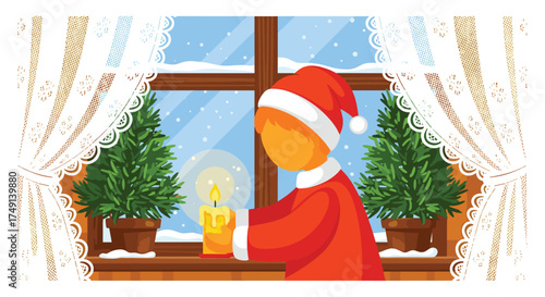 A child in festive attire lights a candle by the window on a snowy winter day