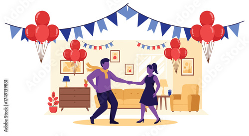 Couple Dances Joyfully at Festive Celebration with Balloons and Banners