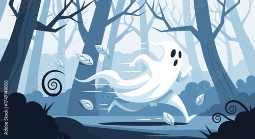 A whimsical spectral figure dashes through an eerie moonlit forest, a fun and spooky illustration perfect for halloween festivities and seasonal designs