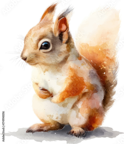 
Watercolor painting of a cute and adorable baby squirrel, clipart on a white background,