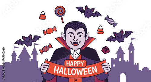 Happy Halloween greeting from a friendly vampire character surrounded by flying bats, candy, and a haunted castle silhouette