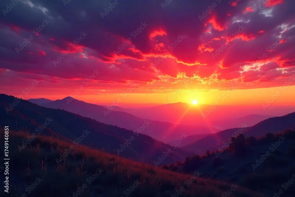 Fototapeta premium Fiery Sunrise Paints Dramatic Silhouette Over Rolling Hills and Distant Mountains