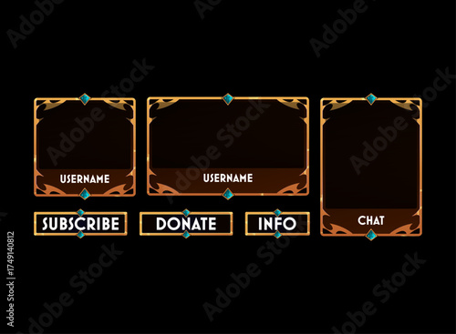 Golden fantasy stream overlay design, elegant RPG frame with blue gems and glowing gold ornaments, subscribe and donate buttons for streamer layout.