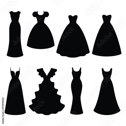 Collection of elegant black dress silhouettes vector illustration for fashion design and graphics silhouette
