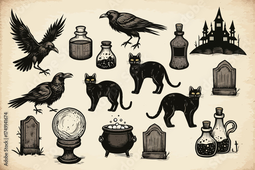 Assorted halloween themed drawings of ravens cats potions and tombstones in a vintage style design