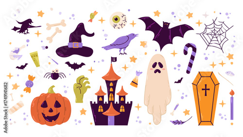 Collection of halloween themed elements including a ghost bat pumpkin and spider web with stars scattered