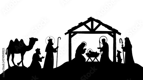 Silhouette of nativity scene with the three wise men camel and stable in a black and white illustration