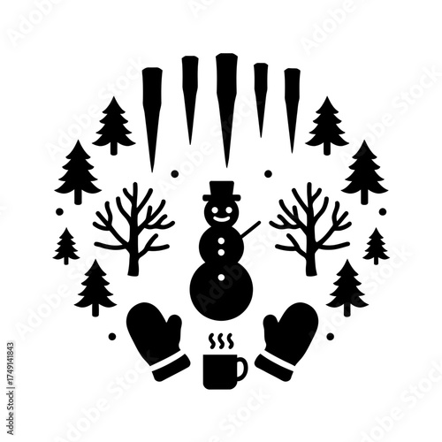 Winter scene with snowman, trees, icicles, mittens, and a steaming mug forming a circular arrangement