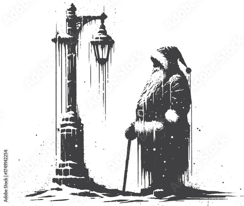 A solitary Santa figure in a heavy coat and hood leans on a cane beside a frost-draped streetlamp. The stark black-and-white graffiti style evokes winter hush, loneliness.