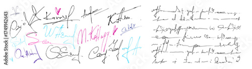Handwritten fake signature collection with cursive text letter samples in colorful ink strokes on white background. Penmanship styles autographs for document design or authentication purposes.