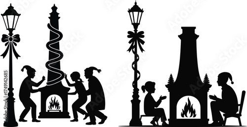 Charming christmas silhouettes festive scene with children by fireplace and lamp post