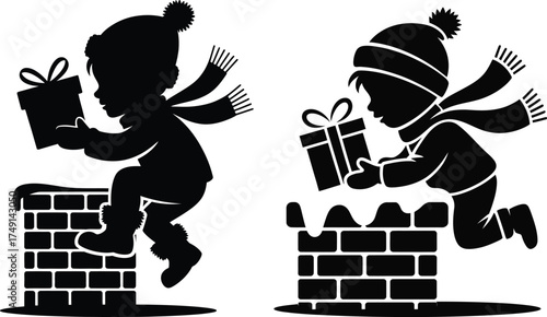 Two silhouettes of children with gifts climbing down chimneys festive holiday scene