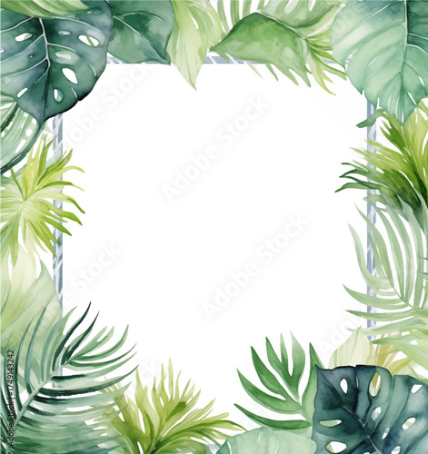 Vector art square frame with vibrant watercolor tropical leaves, on white background, picturesque fusion of nature and art. The artwork of a square frame with vibrant watercolor illustrations