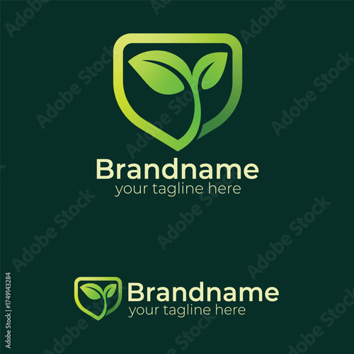 Green Shield and Sprout Leaf Logo Vector Icon Design Template for Eco Safety Protection Natural Growth Agriculture