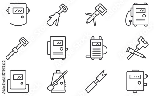 Collection of line art icons representing construction and repair tools for vector graphics design silhouette