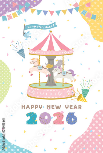 2026年午年　メルヘンなメリーゴーランドの年賀状テンプレート