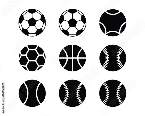 Set of 9 black and white sports balls vector icons scalable eps graphic elements silhouette