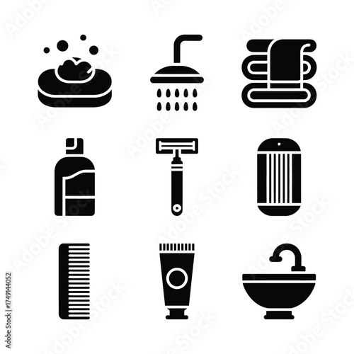 Set of 9 black and white bathroom icons vector scalable illustration for eps files general use silhouette