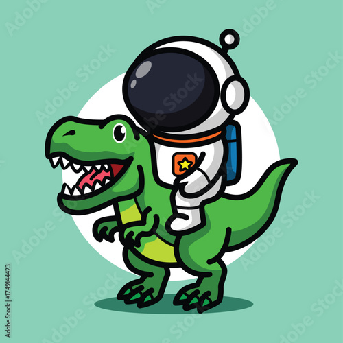 Cute Astronaut Riding Dinosaur Illustration for Space Cartoon Character and Adventure Concept