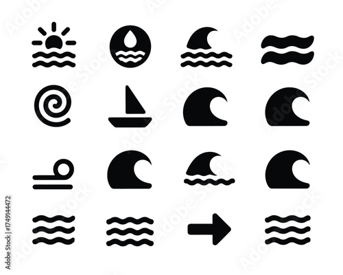 Set of 15 black and white minimalist water and weather icons for vector graphics eps files silhouette