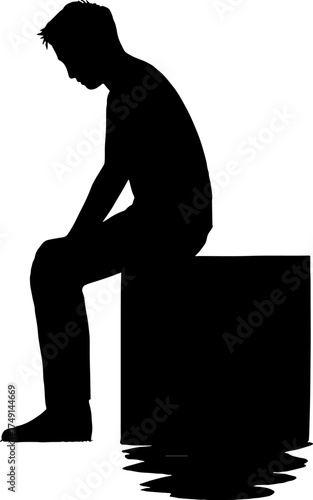 Silhouette of figure sitting on edge of cube - minimal art realism vector with white background 