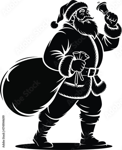 Silhouette of santa claus with sack and bell spreading holiday cheer during christmas