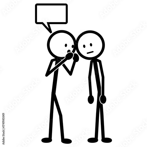 Stickman illustration whispering secret into a friend ear.