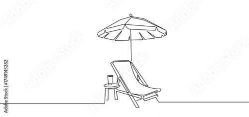 Abstract Continuous Line Drawing of Beach Lounger. Simple One Line Illustration of Beach Lounger with Umbrella. Vector Summer Vacation Concept for Minimal Poster, Social Media, Template, Travel Art