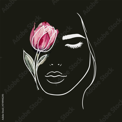 Woman Head with Flower Line Art Vector Drawing. Trendy Style Template with Female Portrait with Pink Flower. Woman Face Modern Minimalist Simple Linear Style for Beauty Fashion Design	
