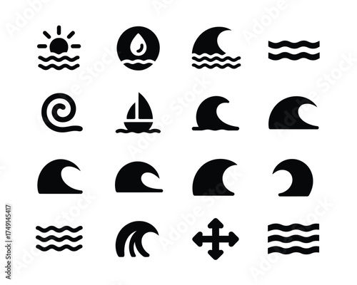 Set of 15 black and white minimalist vector icons for water and ocean themes scalable eps silhouette