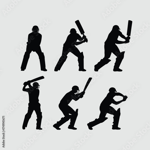 Series of scalable vector silhouettes illustrating diverse cricketer poses for eps download silhouette