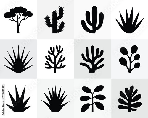Minimalist 4x4 grid silhouette plant illustrations vector scalable eps icon set silhouette