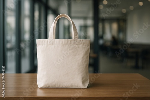 Beige canvas tote bag mockup on wooden table in modern indoor setting for branding and product presentation template with copyspace focus. Ai generative