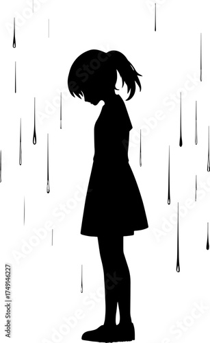 Silhouette of lonely girl standing in rain - emotional solitude concept vector with white background 