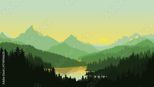 Calm Green Mountain Landscape with Pine Forest and Misty Valley