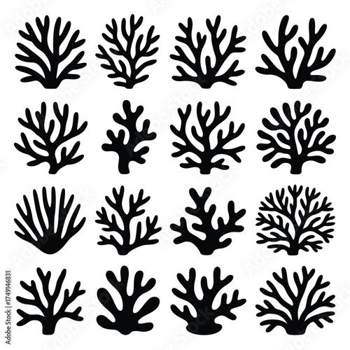Collection of diverse black coral silhouettes vector graphics scalable illustration for marine themed projects silhouette