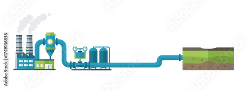 Flat illustration of industrial gas pipeline system with factory equipment, pressure control unit, and underground storage process for energy and gas distribution on white background