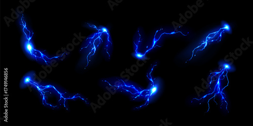 Blue lightning bolts set isolated on black. Vector realistic illustration of magic energy flashes, thunderstorm strikes, neon curves glowing in dark with bright sparks, electric power discharge