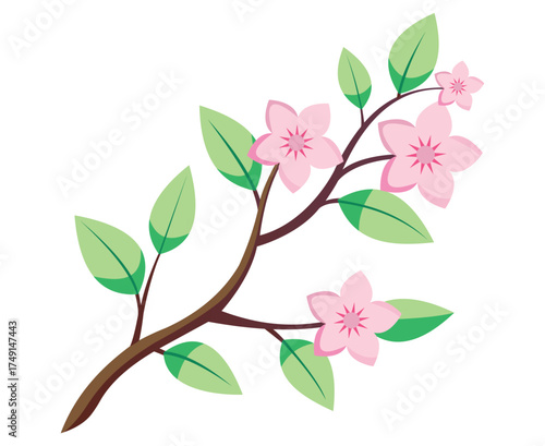 A delicate illustration of pink cherry blossoms and vibrant green leaves