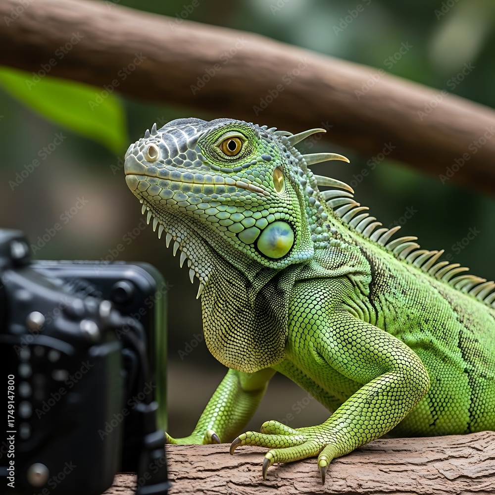 Fototapeta premium Iguanas Curious Gaze - A Reptilian Encounter with Technology.