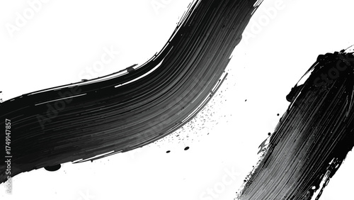 Abstract black ink brush stroke on white background forming a bold curved sweep with splatters and streaks. Expressive, calligraphic, and painterly, conveys motion, energy, and modern minimal drama.  