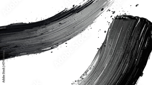 Abstract black ink brush stroke on white background forming a bold curved sweep with splatters and streaks. Expressive, calligraphic, and painterly, conveys motion, energy, and modern minimal drama.  