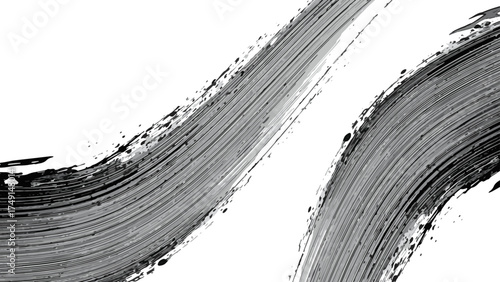 Abstract black ink brush stroke on white background forming a bold curved sweep with splatters and streaks. Expressive, calligraphic, and painterly, conveys motion, energy, and modern minimal drama.  
