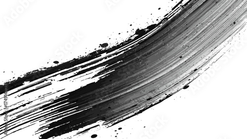 Abstract black ink brush stroke on white background forming a bold curved sweep with splatters and streaks. Expressive, calligraphic, and painterly, conveys motion, energy, and modern minimal drama.  