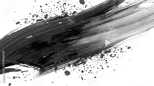 Abstract black ink brush stroke on white background forming a bold curved sweep with splatters and streaks. Expressive, calligraphic, and painterly, conveys motion, energy, and modern minimal drama.  