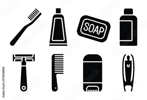 Minimalist black and white vector icons set for bathroom hygiene essentials scalable eps silhouette